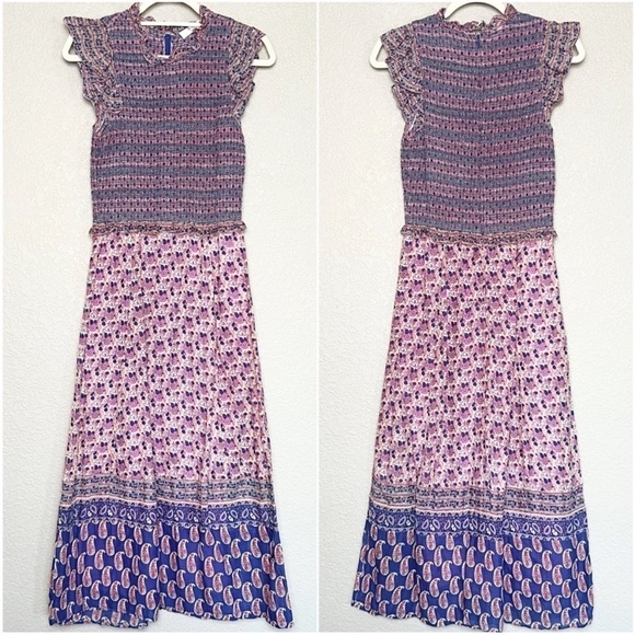 SEA NY Lilac Floral Paisley Stripe Smocked Ruffle Trim Flutter Sleeve Dress 2 - Picture 8 of 14